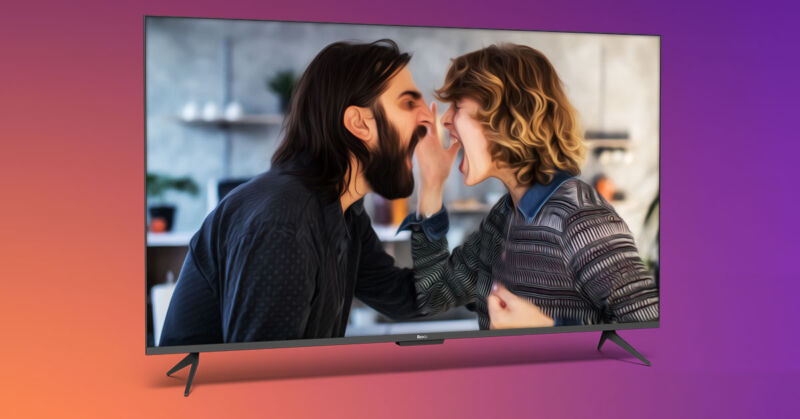 Couple yelling at each other, as if in a soap opera, on a Roku TV, with a grotesque smoothing effect applied to both people.