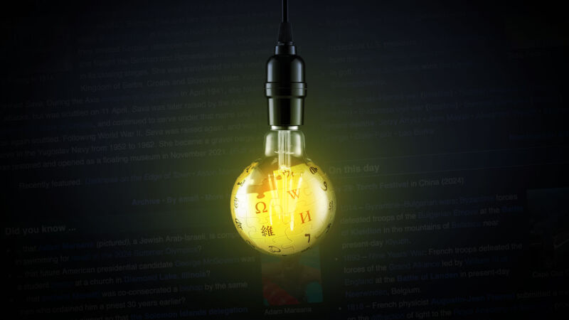 A bulb, seemingly containing the Wikipedia logo, shining amidst a dark background of text.