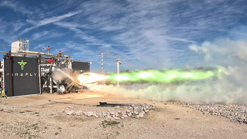 A test version of Firefly's Miranda engine fires up on a test stand in Briggs, Texas.