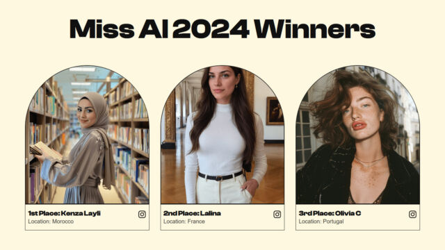 A view of three AI-generated "Miss AI" award winners, captured from the contest's website.