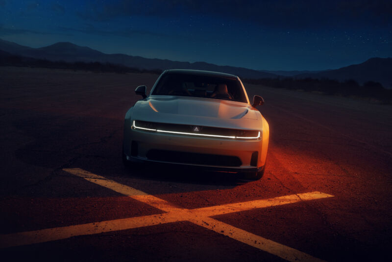 A rendering of a silver Dodge Charger EV