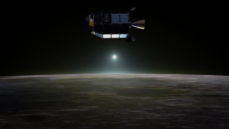 Graphic of a spacecraft above a grey planetary body, with a distant sun in the background.