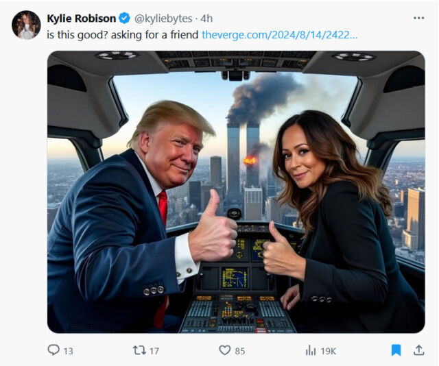 An AI-generated image created with Grok, which uses the Flux image-synthesis model, of Donald Trump and Kamala Harris in an airplane.