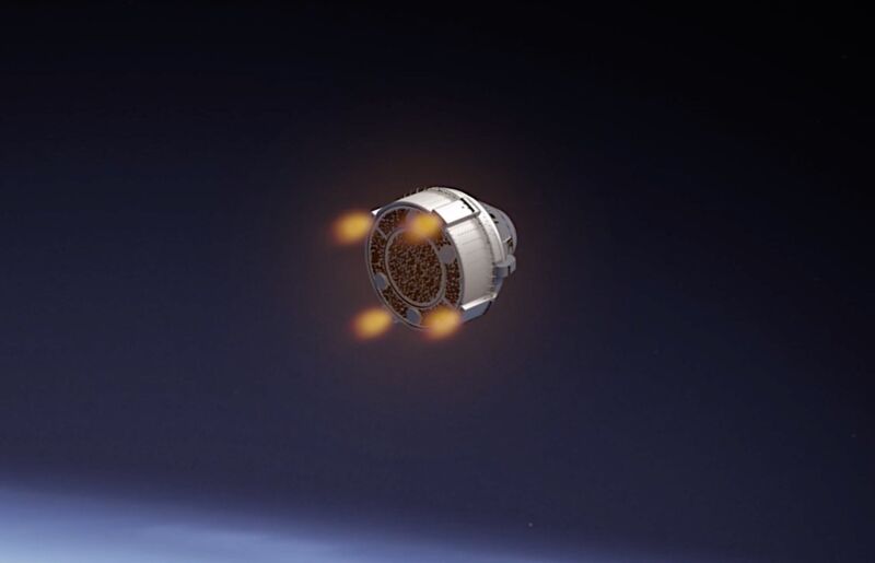 Artist's illustration of Boeing's Starliner spacecraft firing four of its orbital maneuvering engines, as it will during the deorbit burn at the end of the mission.