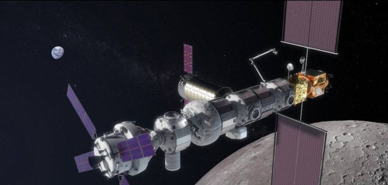 A rendering of NASA's proposed lunar gateway.