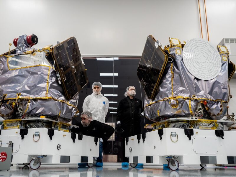 The two spacecraft for NASA's ESCAPADE mission at Rocket Lab's factory in Long Beach, California.