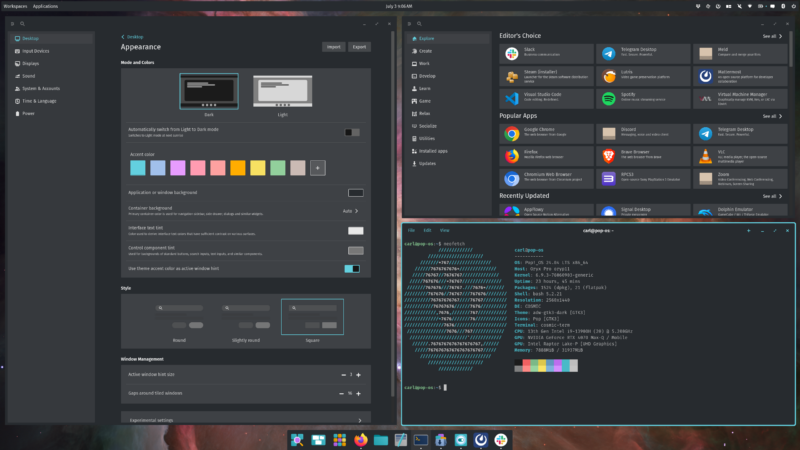 The app store, terminal window (showing an ASCII Pop!_OS logo), theming options, and other windows on a Cosmic desktop