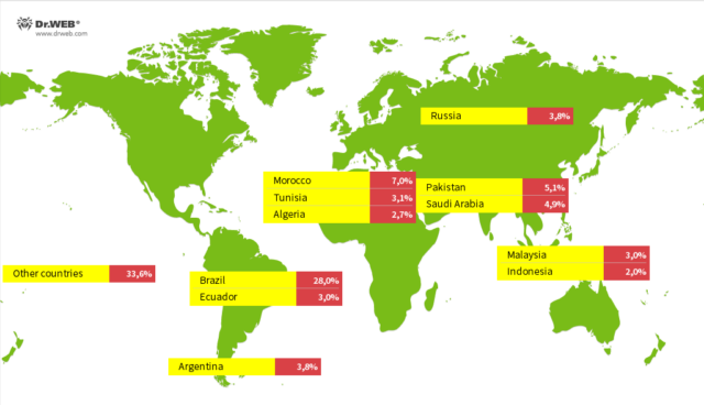 A world map listing the number of infections found in various countries.