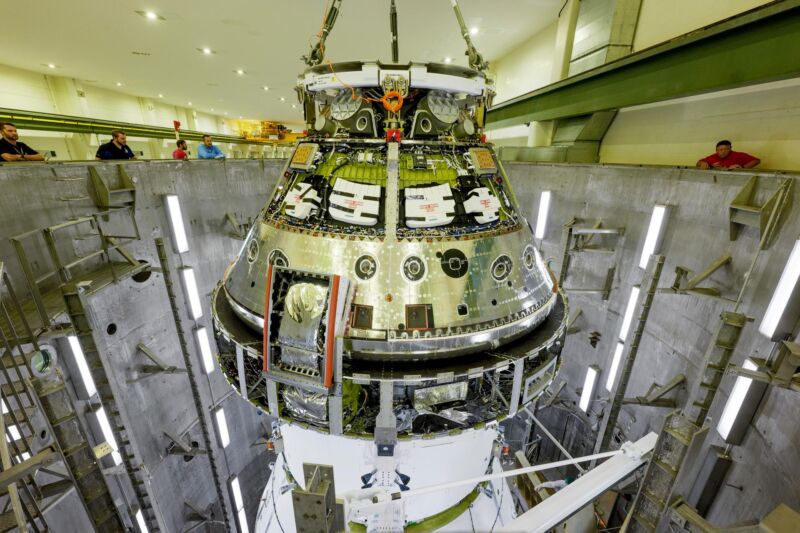 The Artemis II Orion spacecraft being prepared for tests at NASA’S Kennedy Space Center in Florida in June 2024.