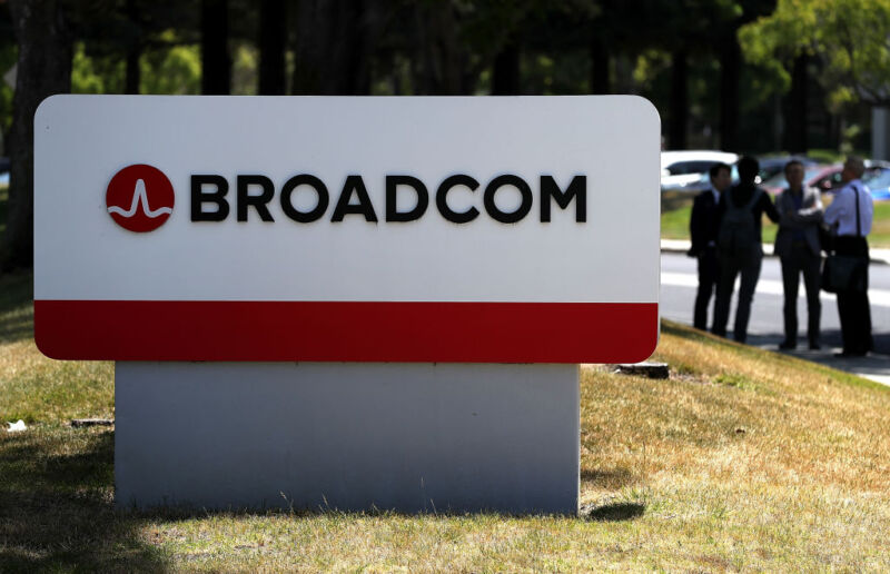 Signage is displayed outside the Broadcom offices on June 7, 2018 in San Jose, California.