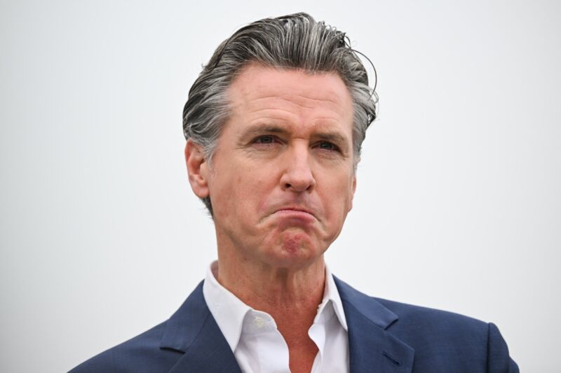 A closeup photo of California Governor Gavin Newsom's face