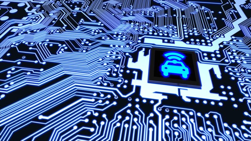 Blue circuit board closeup connected to a cpu with a glowing car wifi symbol on top smart vehicle concept 3D illustration