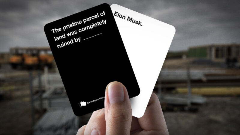 A mockup of two cards in the style of the Cards Against Humanity game. One card says 