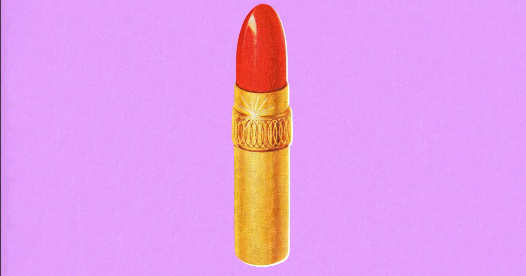 Illustration of a red lipstick in a gold case against a pink background.