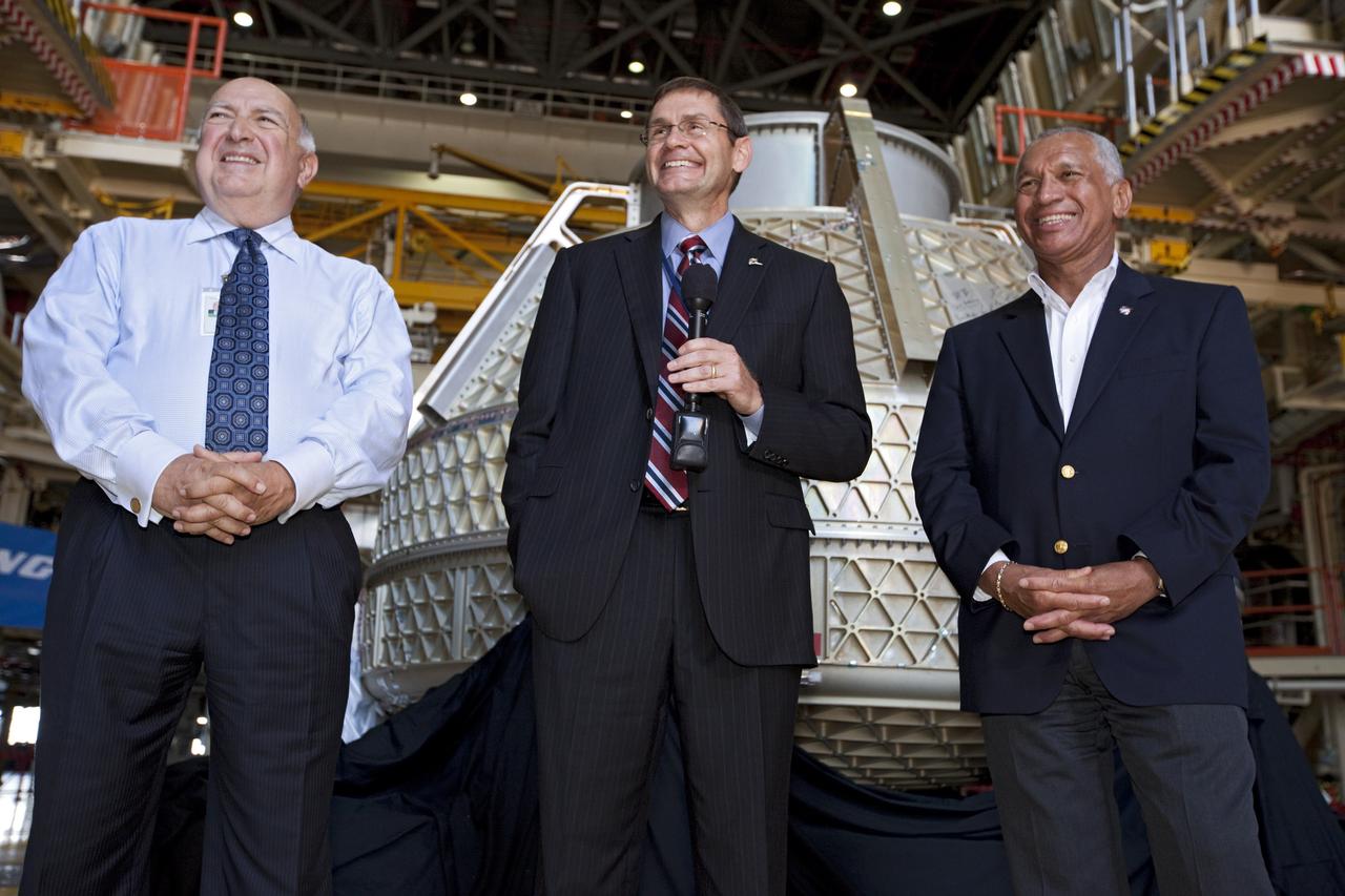 Boeing's John Elbon, center, is seen in Orbiter Processing Facility-3 at NASA's Kennedy Space Center in Florida in 2012.