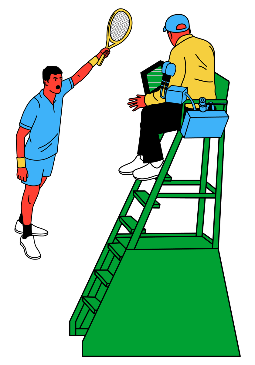 An illustration of a tennis player arguing with a chair umpire.