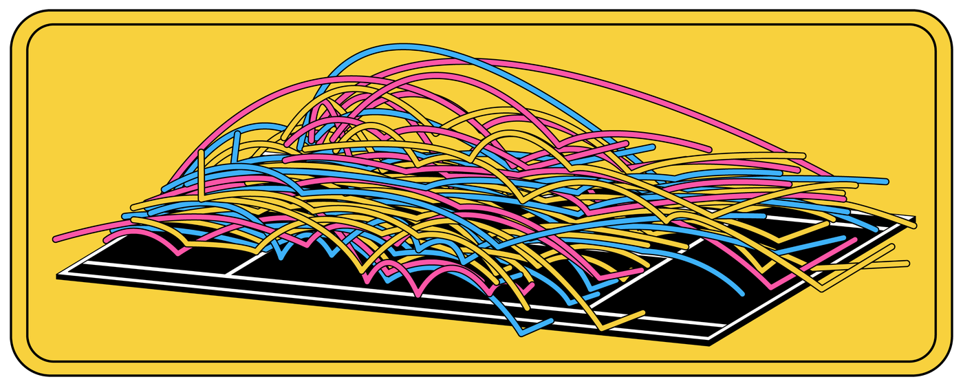 An illustration of the trajectory of the tennis ball over many points throughout a match, as captured by Hawk-Eye.