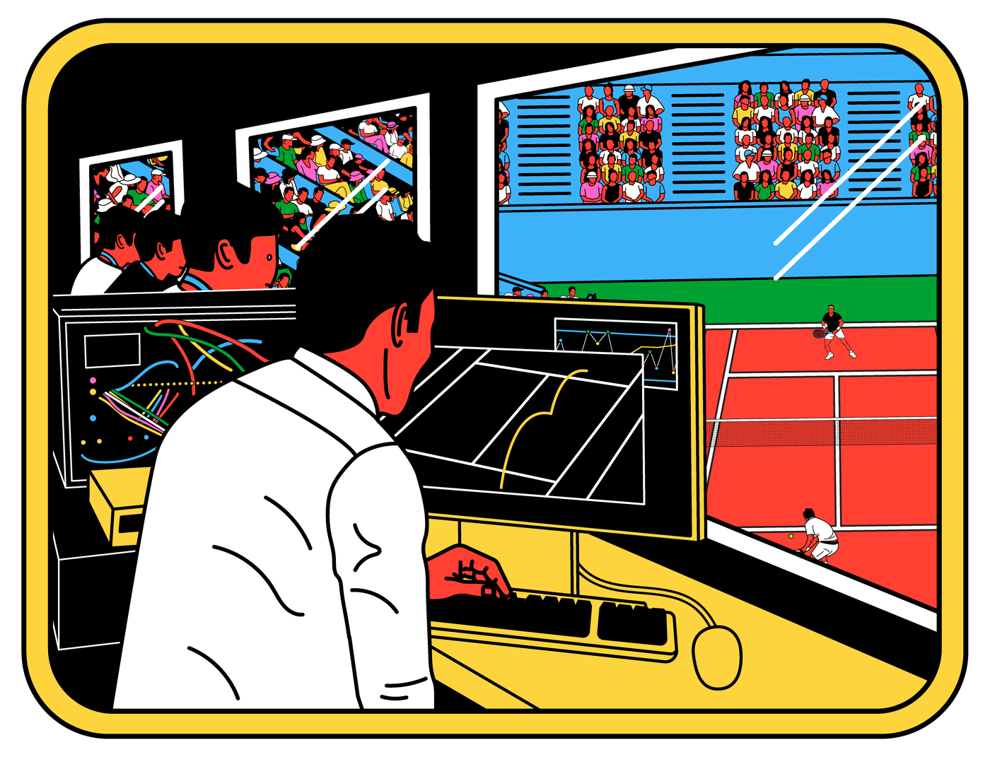 An illustration of the team in the Hawk Nest, looking down at a tennis court.