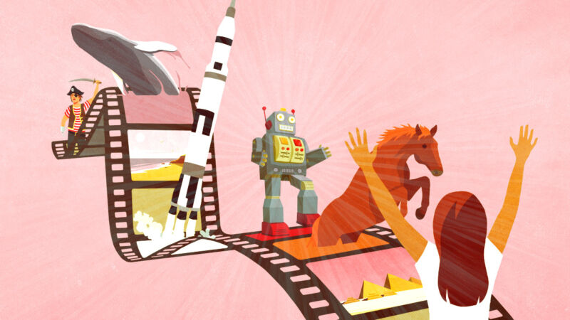 An illustration of a filmstrip with a robot, horse, rocket, and whale.