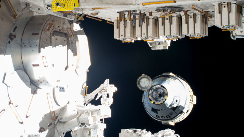 Boeing's uncrewed Starliner spaceraft backs away from the International Space Station moments after undocking on September 6, 2024.