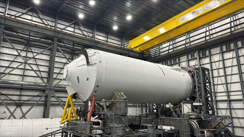 Image of the New Glenn second stage on its mobile test stand. 