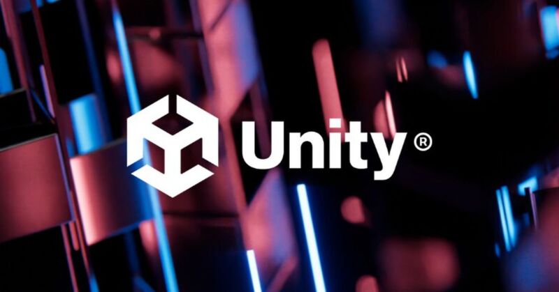 Unity logo against pink and blue shapes