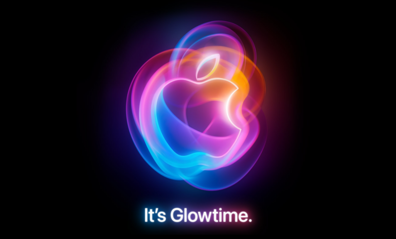 Apple It's Glowtime event promo image depicting a neon Apple logo