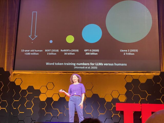 Linguist Jessica Coon presenting at TED AI 2024.