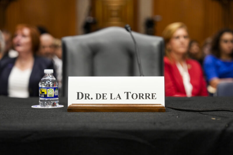 The empty chair of Steward Health Care System Chief Executive Officer, Dr. Ralph de la Torre who did not show up during the US Senate Committee on Health, Education, Labor, & Pensions Examining the Bankruptcy of Steward Health Care: How Management Decisions Have Impacted Patient Care. 