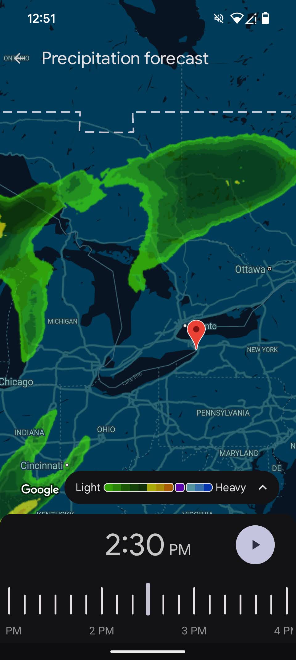 Weather radar map from the Google Weather app.