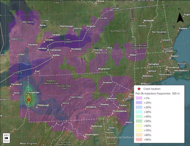 A computer model shows how chemicals from the train may have spread, given wind patterns. The star on the Ohio-Pennsylvania line is the site of the derailment.