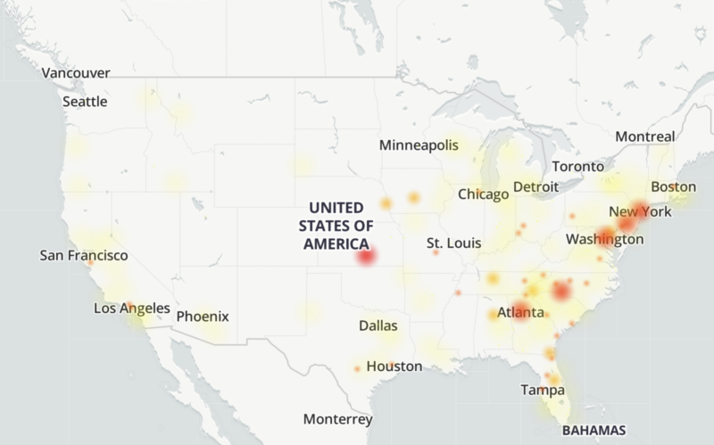 A map showing hotspots of outages primarily in the east coast and central US, but some in California as well