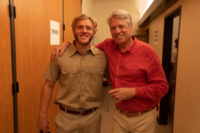 participant guard Dave Eshleman (right) and his recreation double on set in Los Angeles.