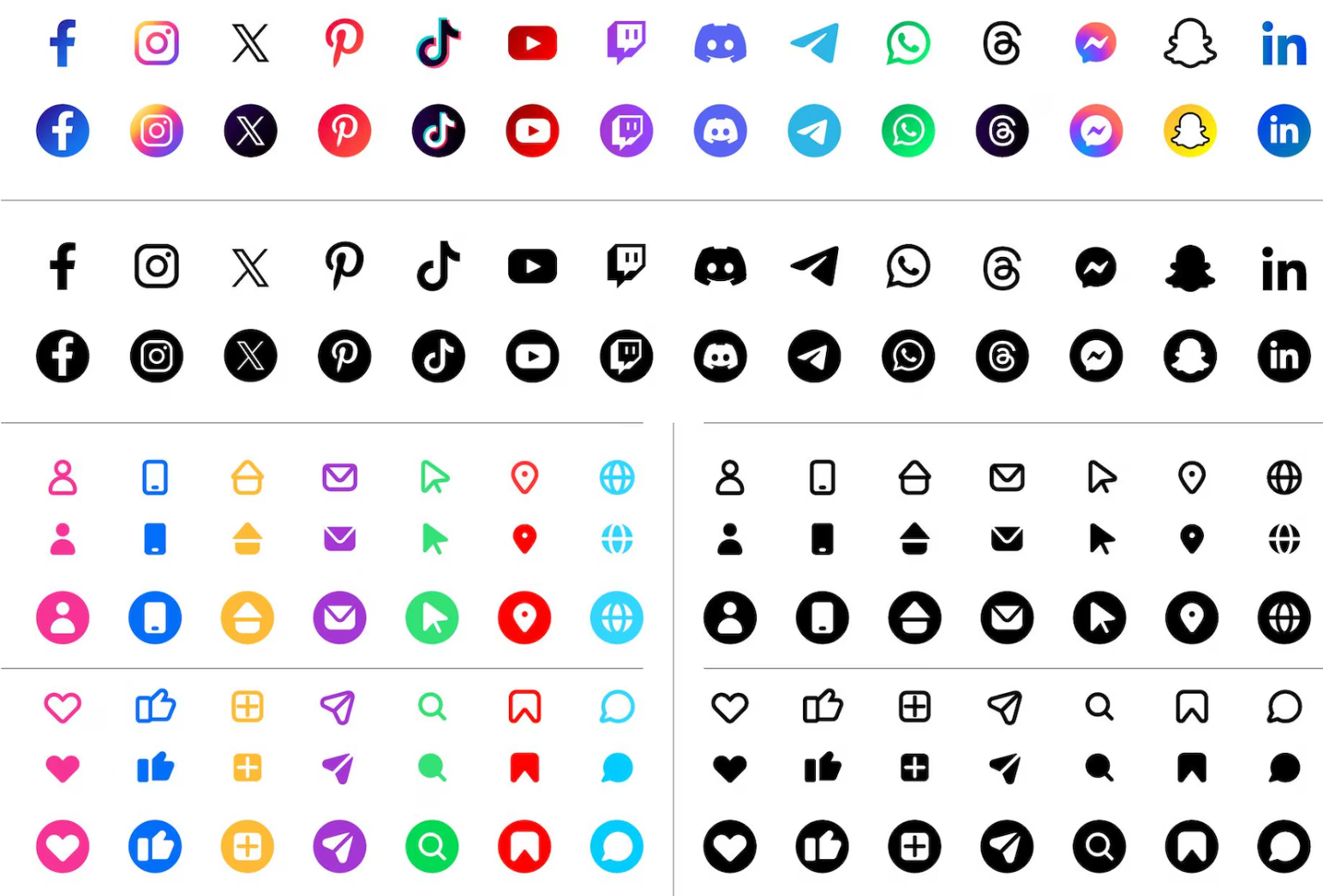 Collection of black-and-white and colored social media icons featuring major platforms with simple, clean designs