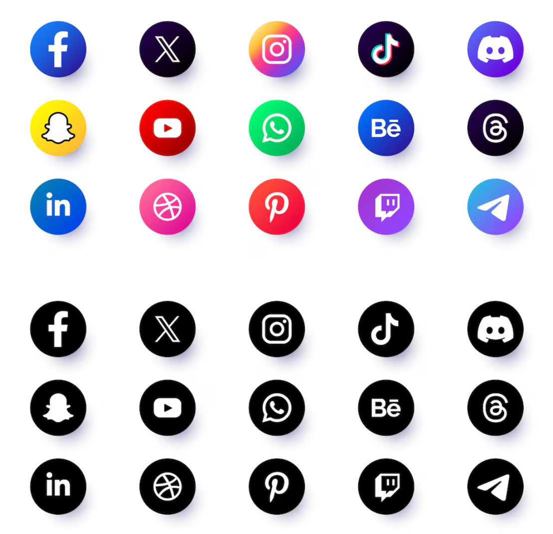 Set of circular social media icons featuring subtle gradients in both brand colors and monochrome versions.