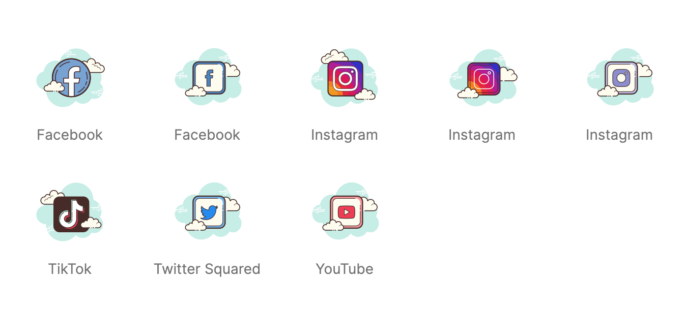 Colorful social media icons set with cloud-themed backgrounds.