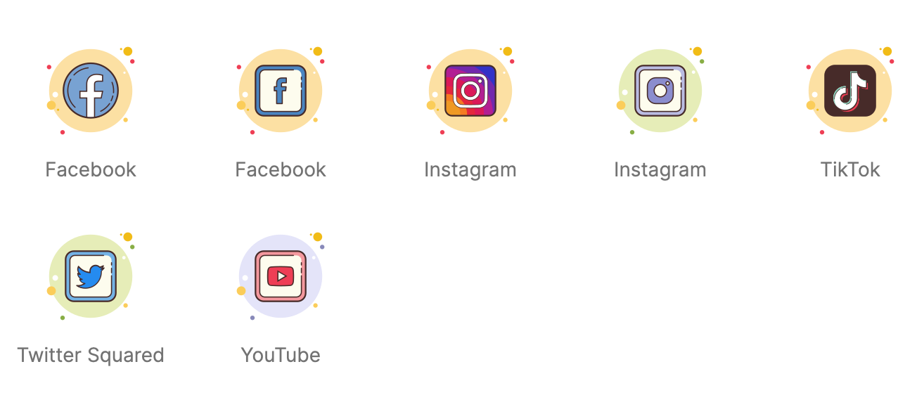 Collection of playful, bubble-styled social media icons with colorful designs.