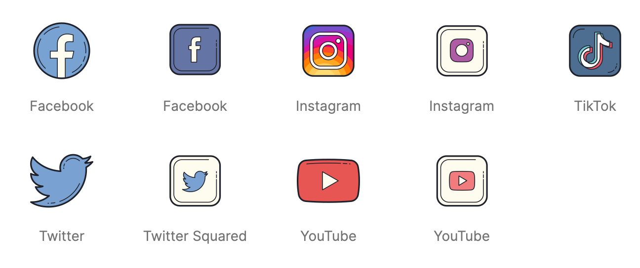 Collection of hand-drawn style social media icons with muted coloring.