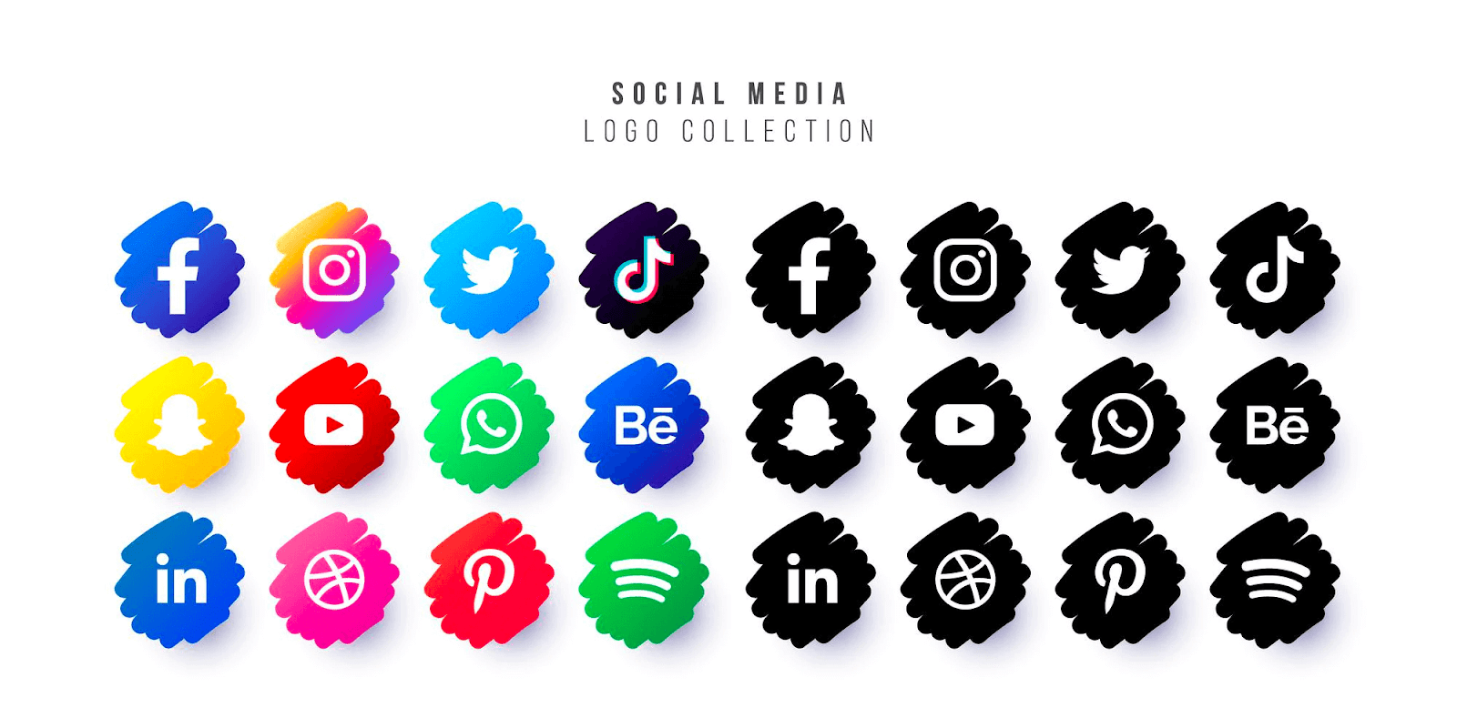 Social media logos with hand-drawn doodle backgrounds in both colorful and black-and-white versions