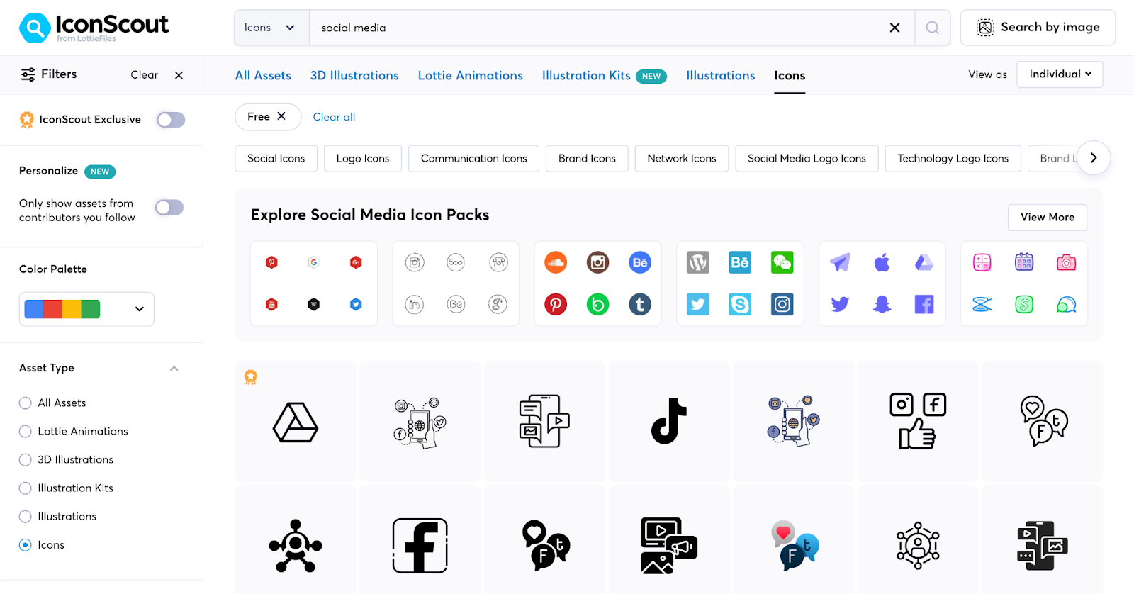 IconScout website showing a collection of diverse social media icons with various design styles.