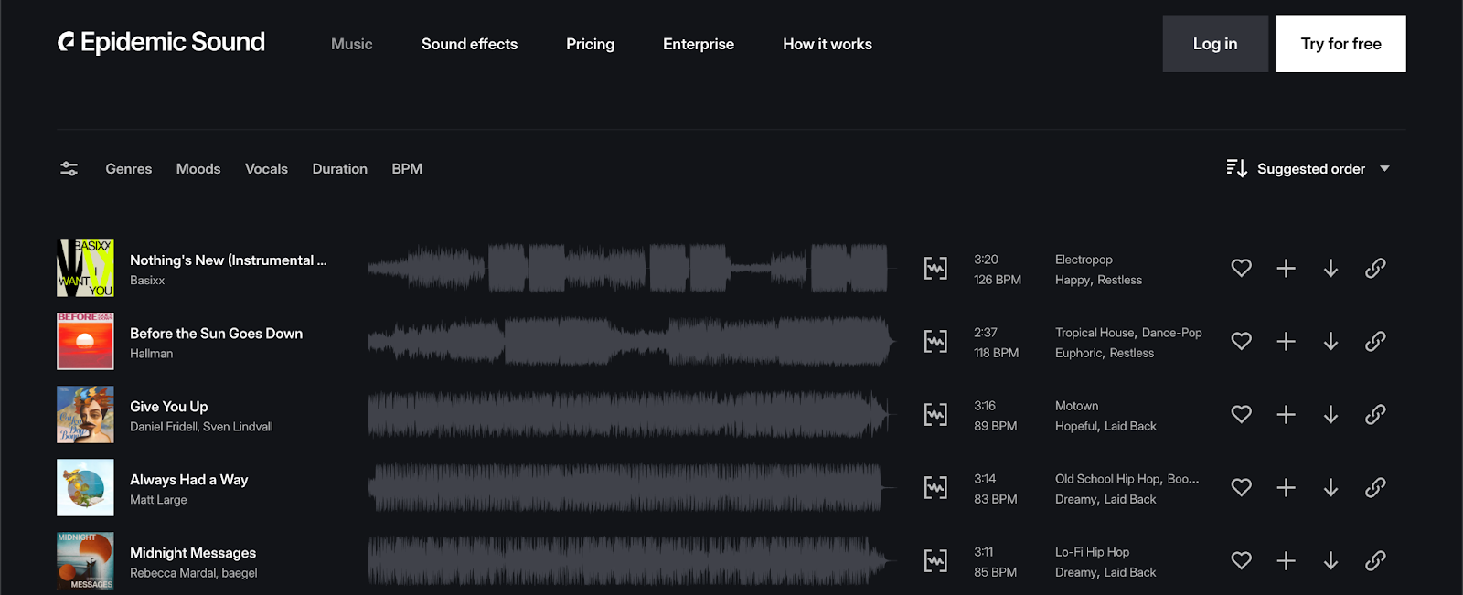 Epidemic Sound's library showing filters for genre, mood, vocals, duration, and BPM.