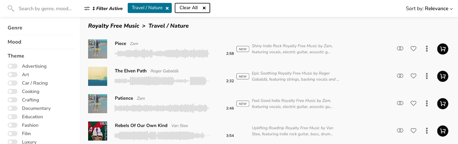 Bensound's sound library can be filtered by genre, mood, and theme.