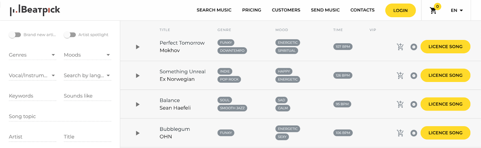 BeatPick's library can be filtered by genre, mood, keyword, and more.