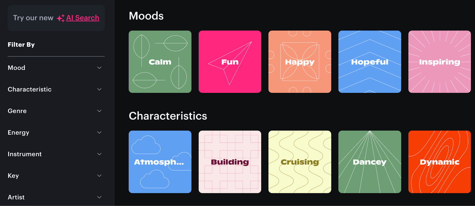 Collections available in Soundstripe including Moods (like calm, fun, and hopeful) and Characteristics (like dynamic, atmospheric, and building).