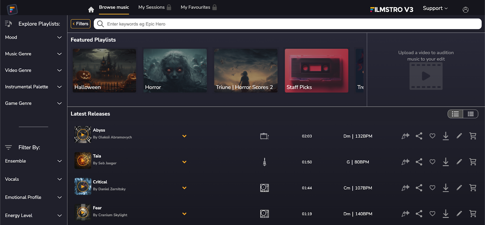 Filmstro's sound library featuring several filters like genre, emotional profile, and energy level.
