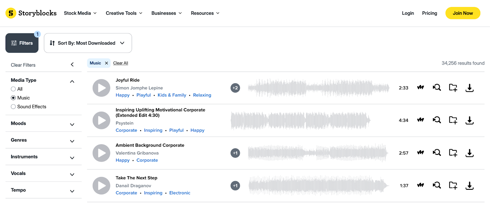 Storyblocks' music library showing filters like tempo, instruments, and moods.