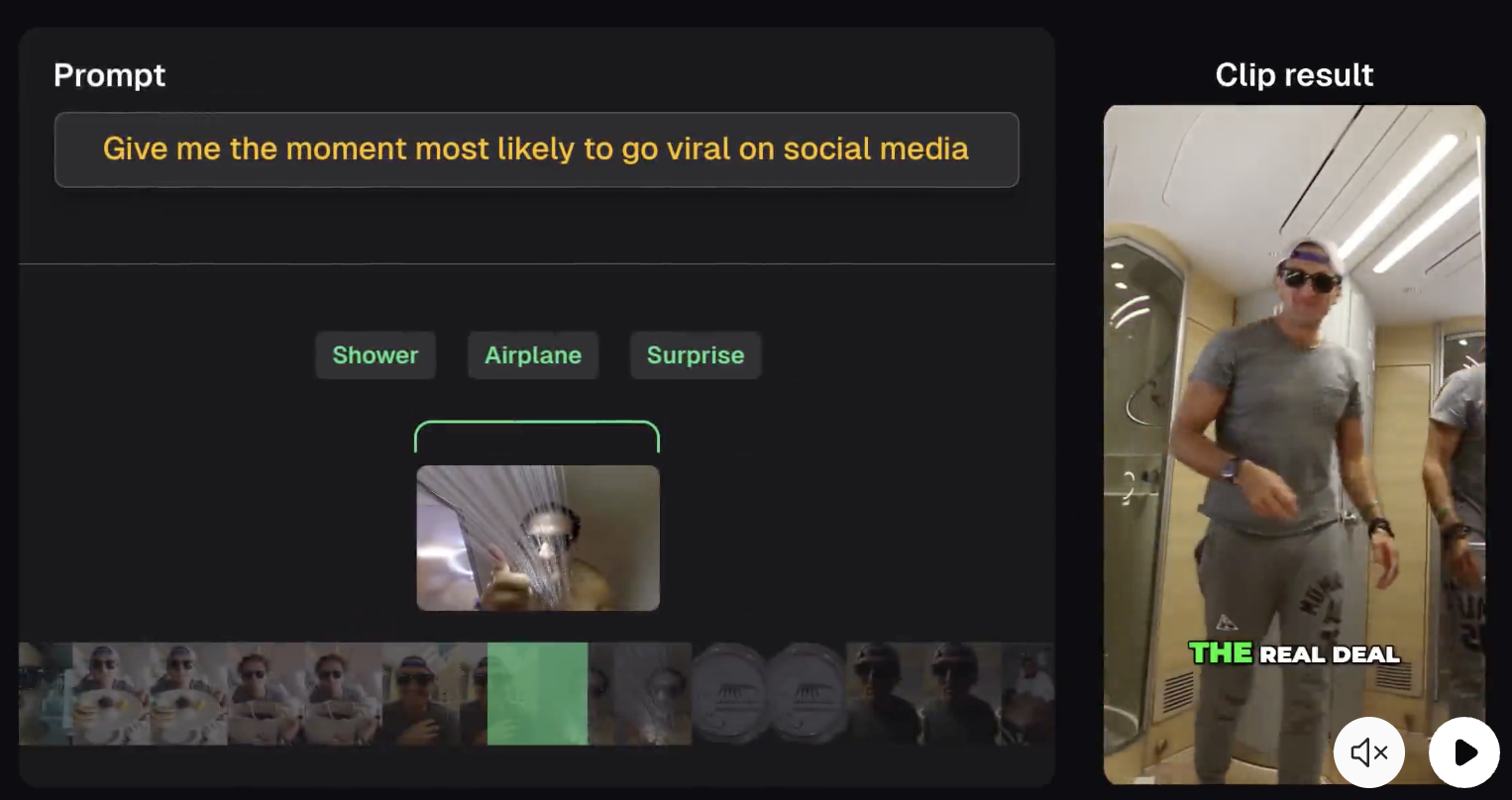 A prompt in OpusClip to find a moment in a video most likely to go viral on social media.