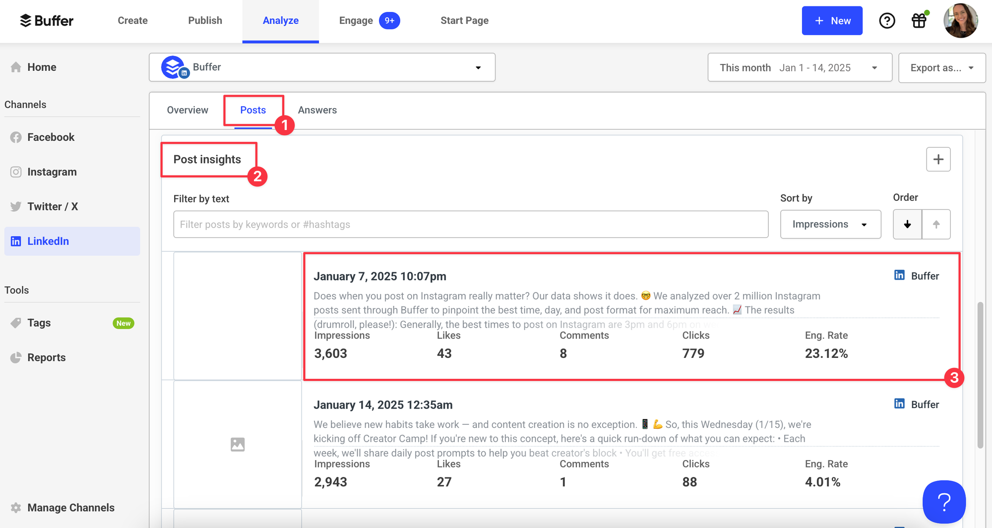 Screeshot of LinkedIn page analytics in Buffer