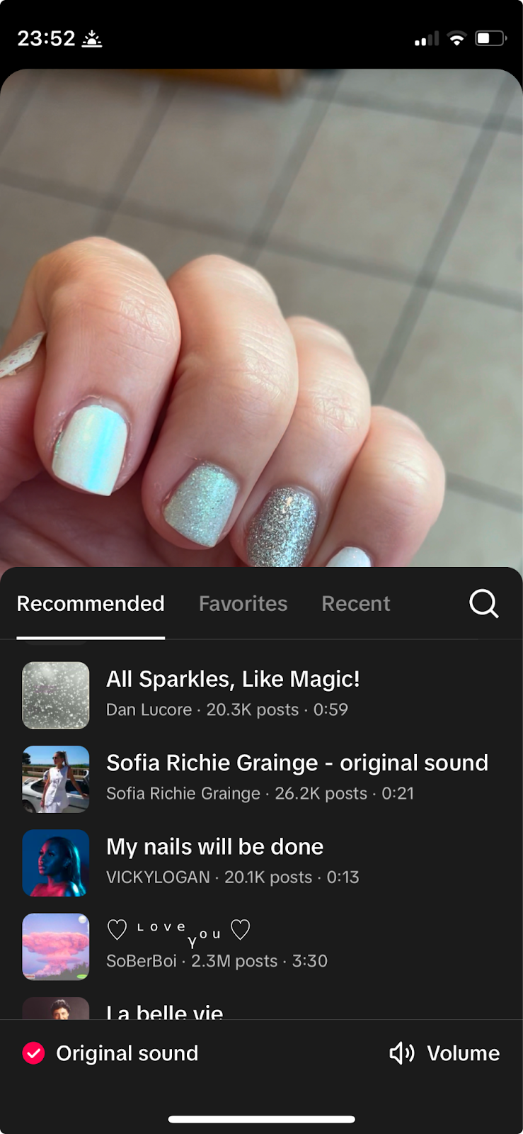 Sound recommendations on TikTok for a video showing off a manicure