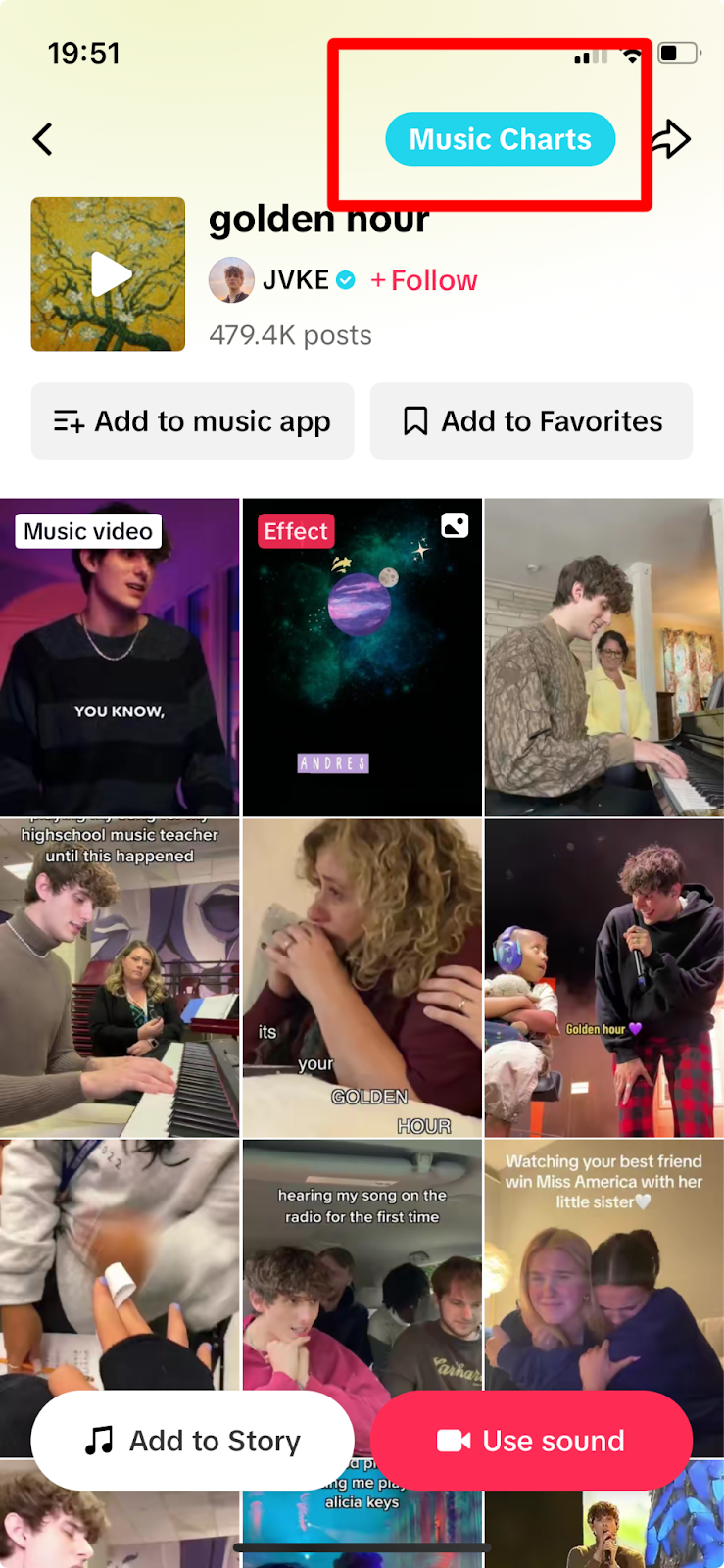 The music charts button on a TikTok sound's page